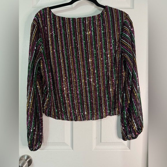 Ali & Jay Multicolor Sequin Striped Long Sleeve Crop Top  Party Holiday Blouse L - Picture 2 of 11